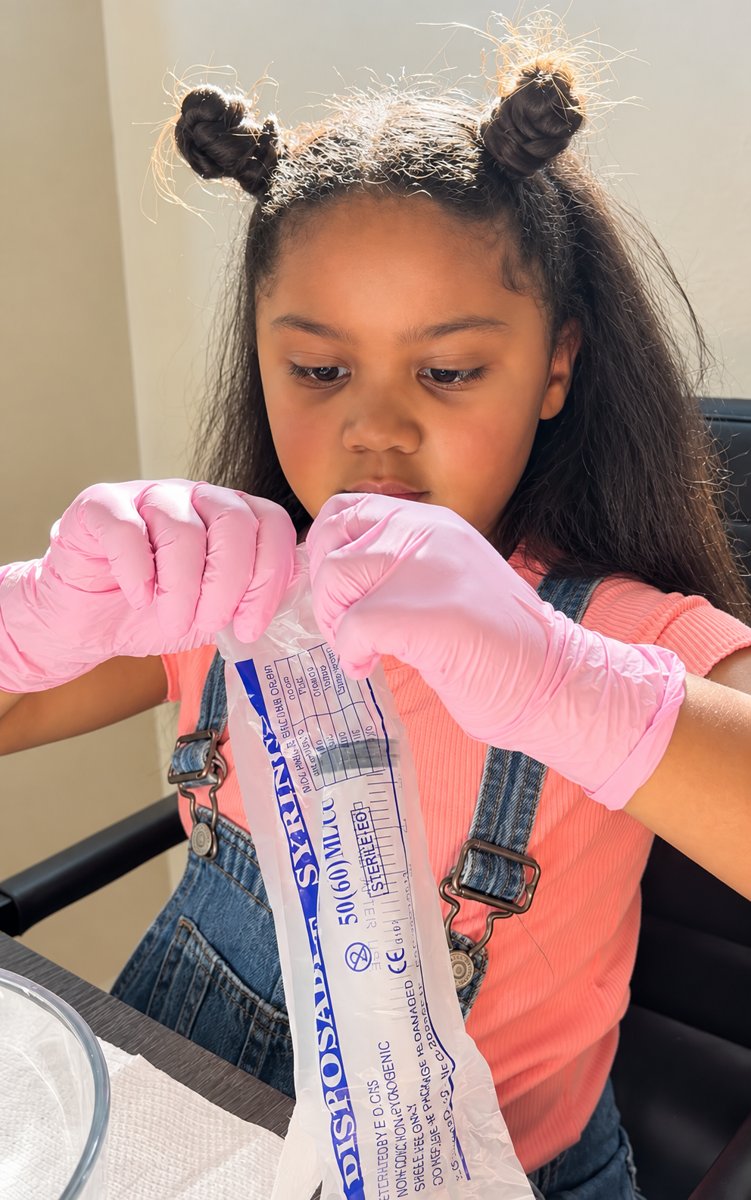 Iman in pink gloves opening a sterile syringe to measure gloss ingredients