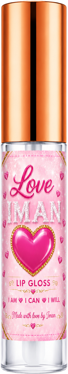 Love, Iman Lip Gloss tube with rose gold cap and pink glitter heart label